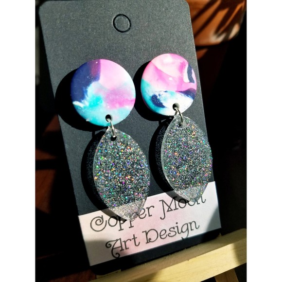 Handmade Pink and Blue Glitter Statement Earrings - Picture 1 of 1